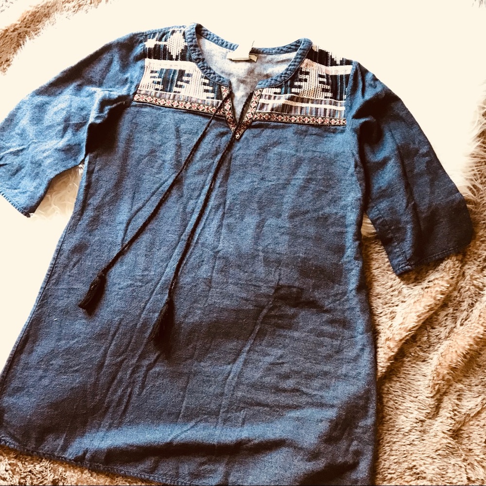 Flying Tomato Aztec Denim Boho Tunic Dress  Medium